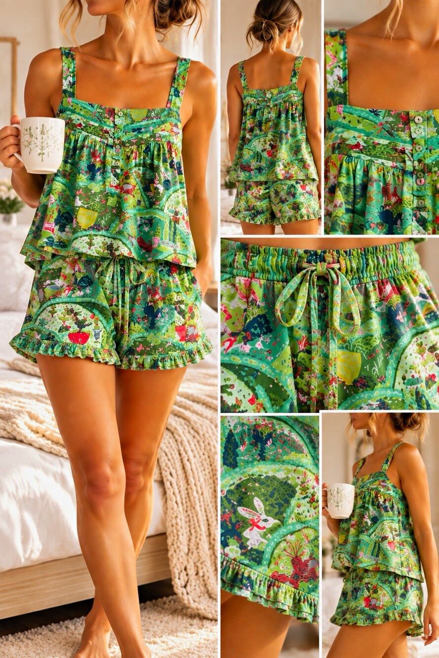 Printfresh Green Floral Garden Woven Cotton Cami & Shorts 2-Piece Set XXL